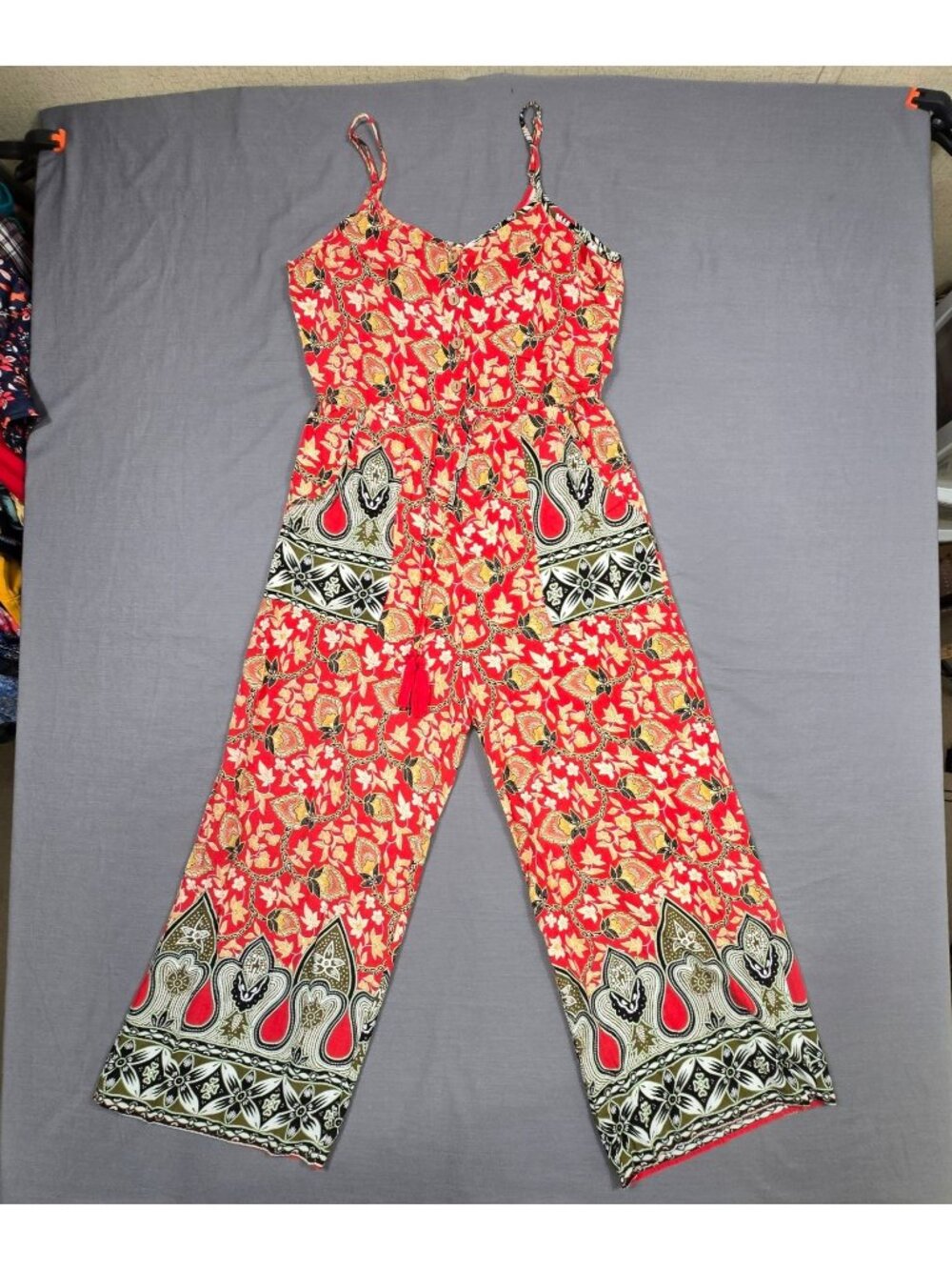 GiGio Red Floral Sleeveless Spaghetti Strap Jumpsuit M Womens Boho Wide Leg